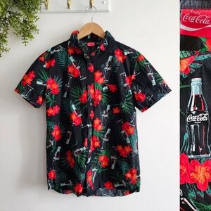 Coca-Cola Hawaiian Shirt Retro Floral Button Down Black Red Hibiscus Aloha Top S